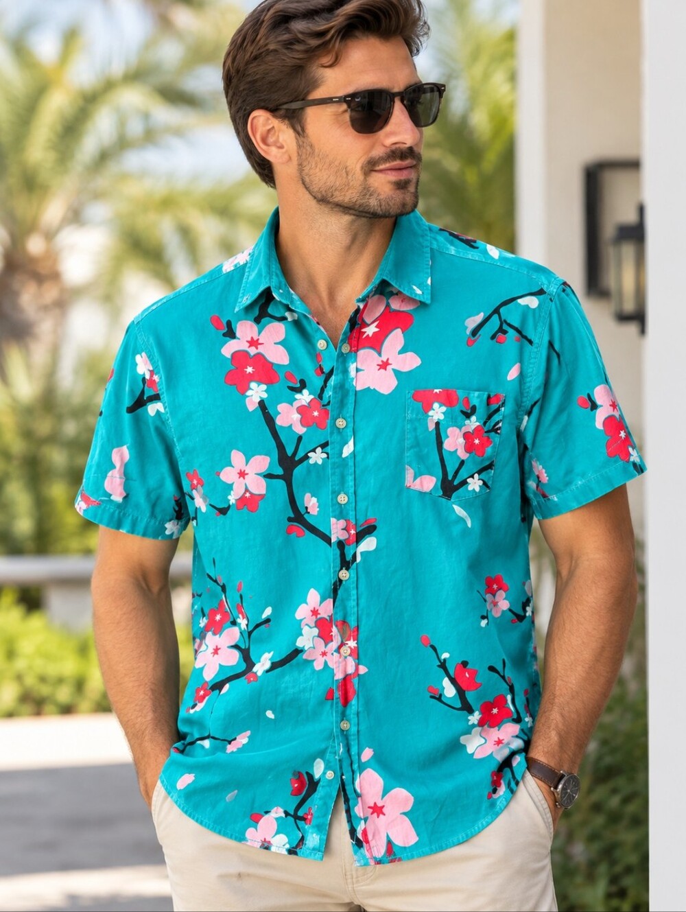 Cherry Blossom Five points Men's Medium Blue Short Sleeve Button-Up Shirt pocket - Picture 1 of 9
